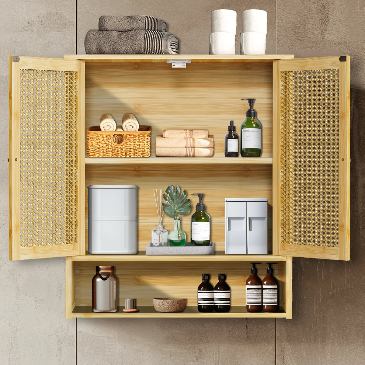 Wooden Storage Cupboard Wall Mounted Medicine Cabinet Unit Kitchen Shelf with Wooden Storage Cupboard with 2 Rattan Doors