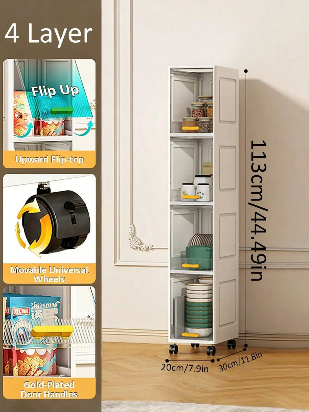 Ultra-Thin Slim Bathroom Storage Cabinet on Wheels, 3/4/5 Tier Narrow Floor Cabinet with Lockable Casters & Adjustable Shelf, Space Saving Organizer for Small Spaces Bathroom Kitchen White