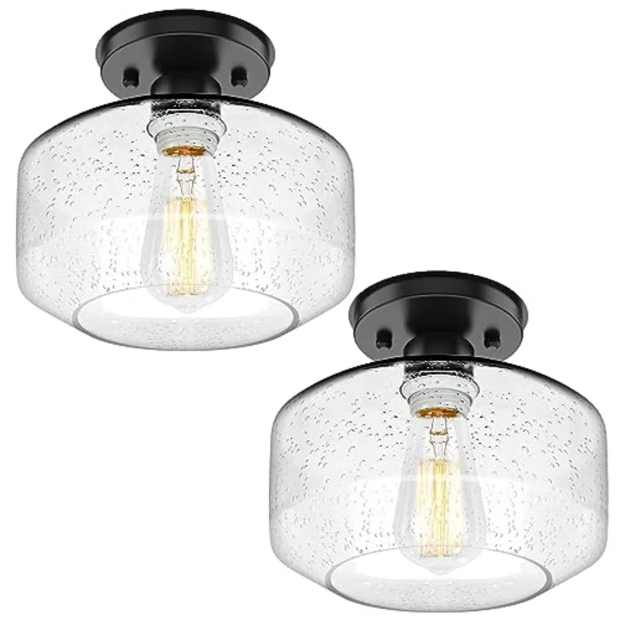 2-Pack Industrial Semi Flush Mount Ceiling Light, Black Light Fixture Ceiling Mount with Shade, Farmhouse Hallway Light Fixture