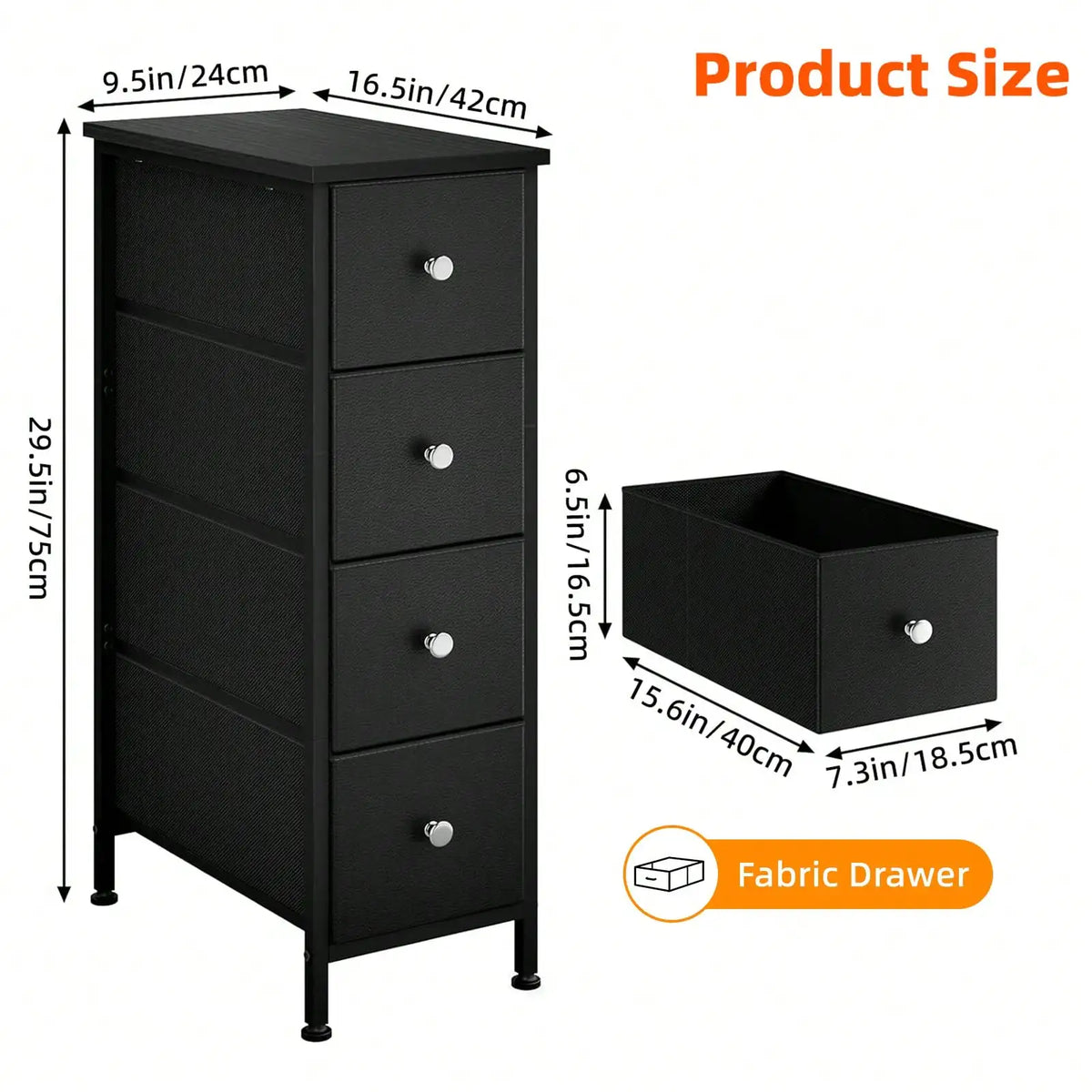 4-Drawer Narrow Bathroom Storage Organizer, Slim Fabric Dresser Cabinet with White/Black, Space-Saving Vanity Unit for Small Bathroom Laundry Room