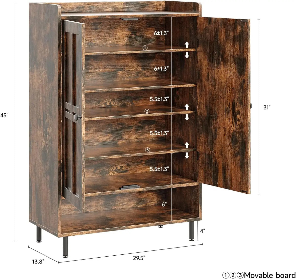 6 Tier Shoe Storage Cabinet, 45 Inch Tall Shoe Rack Organizer with Cross Molding Doors & 3 Adjustable Shelves, Sturdy Metal Legs, Entryway Shoe Cabinet