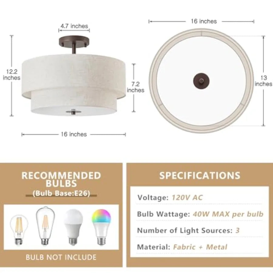 16" Semi Flush Mount Ceiling Light, 3-Light Drum Ceiling Light Fixture, Oil Rubbed with Double Linen Fabric Shade, Modern Light