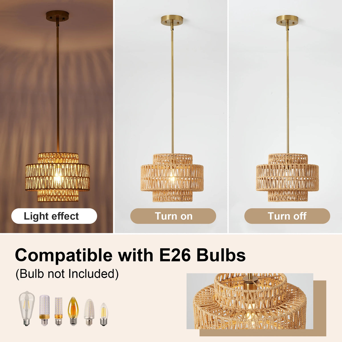 ARLGSITE 13'' Pendant 1 Light Boho Rattan Hand Woven Chandelier for Living Room Fixture