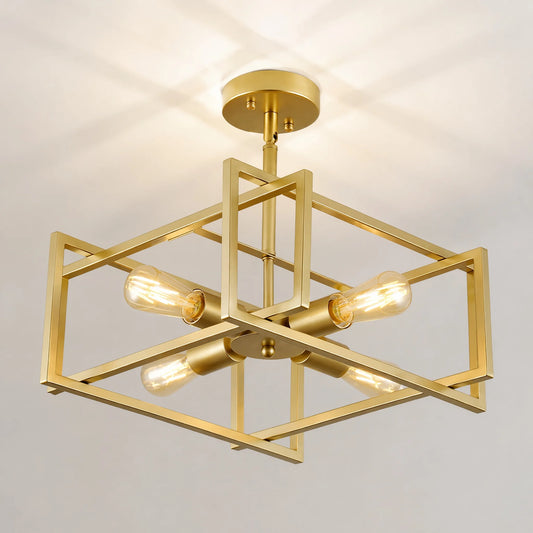 ARLGSITE 18.9‑Inch 4‑Light Sand Gold Ceiling Light, Industrial Geometric Square Ceiling Lamp for Bedroom, Hallway