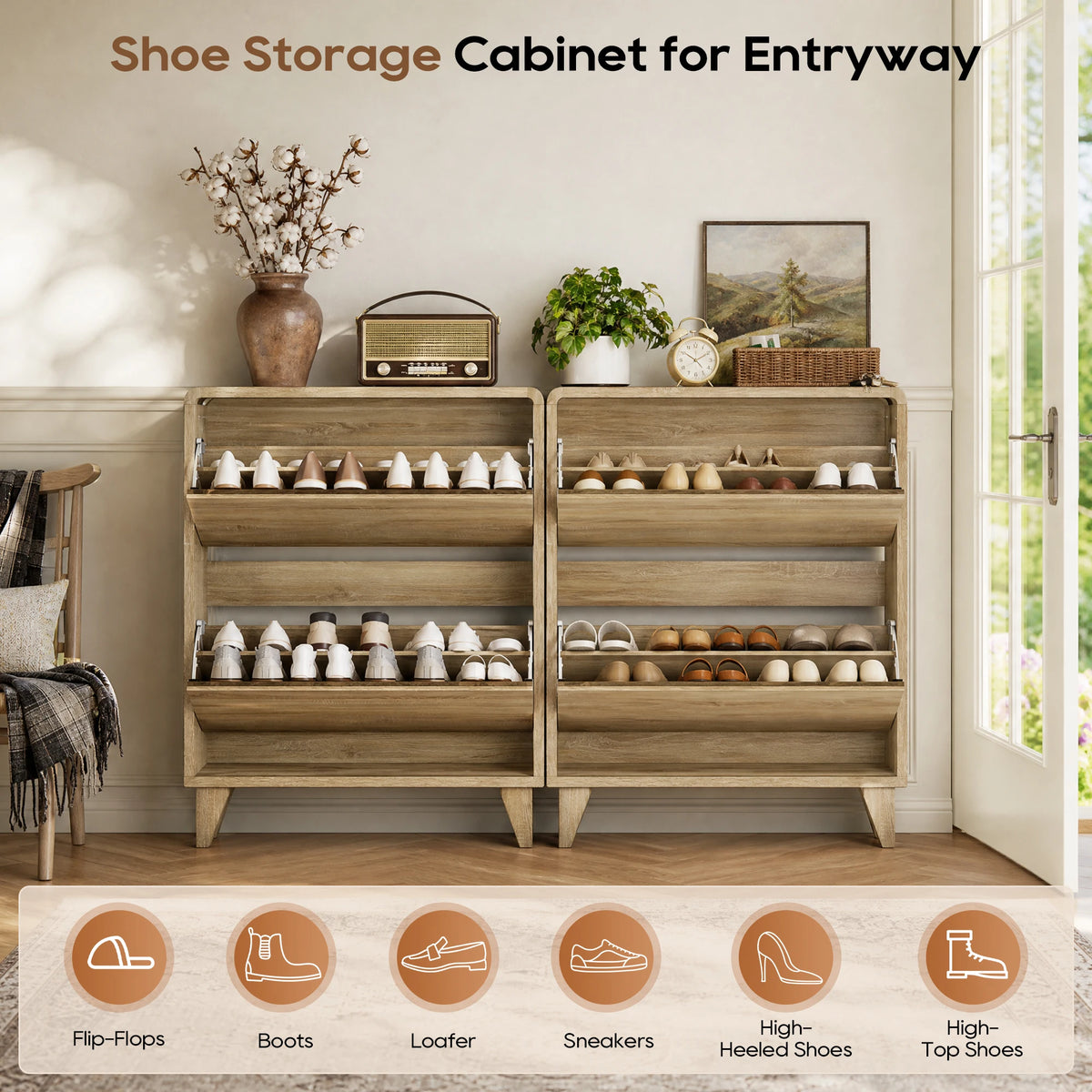 TCGBKAF Slim Narrow Shoe Cabinet with 2 Flip Drawers, Freestanding Shoe Storage Organizer, Adjustable Removable Shelves, Top Display Shelf, Entryway Hallway Shoe Rack