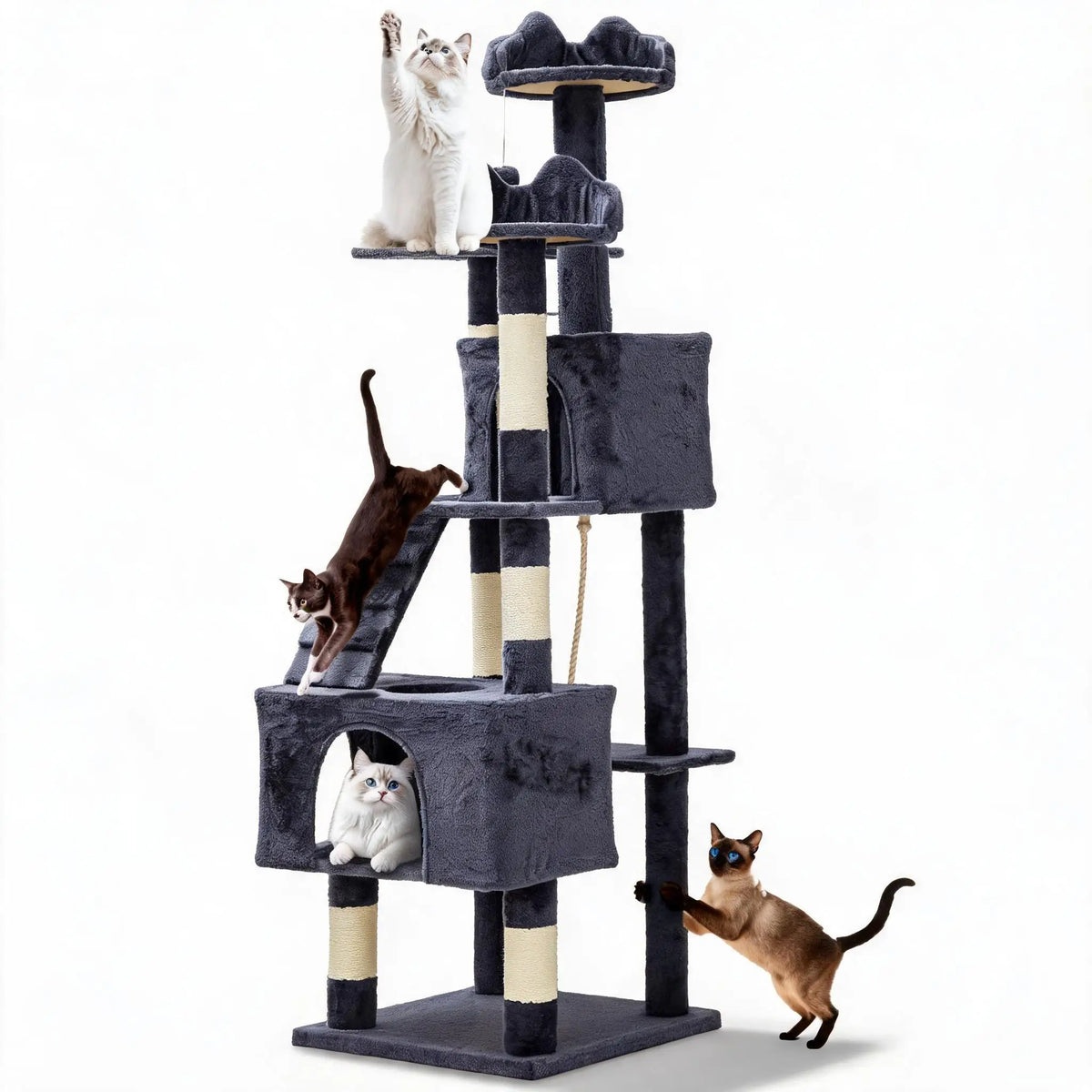 72" Cat Tree for Large Cats, Multi-Level Cat Tower with 6 Sisal Scratching Posts, 2 Condos, 3 Perches, Hammock & Dangling Toys, Sturdy Particle Board with Anti-Tip Kit, Dark Grey