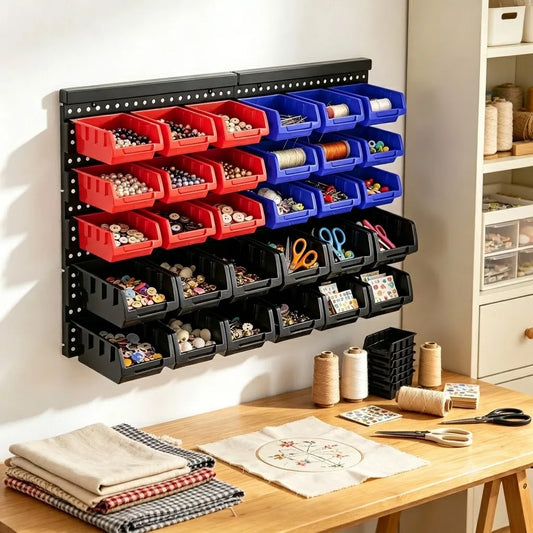 Wall Mounted Storage Bins Organizer Rack with 30 Dual Color Bins, Heavy Duty Plastic Hanging Parts Bin System, Garage Wall Hardware Holder for Screws Bolts Nuts Washers, Stackable Small Large Tool Containers for Workshop Shed