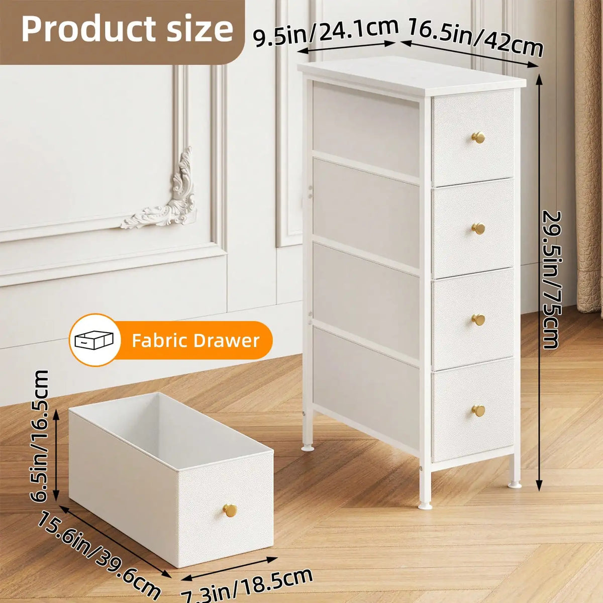 4-Drawer Narrow Bathroom Storage Organizer, Slim Fabric Dresser Cabinet with White/Black, Space-Saving Vanity Unit for Small Bathroom Laundry Room