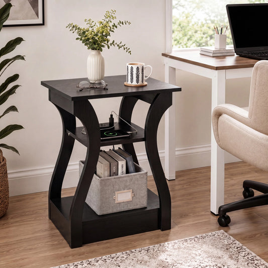 JHK 3 Tier Curved Living Room Cabinet End Table with Charging Station Storage Shelf with USB Type-C Port AC Outlets for Bedroom Home Decor
