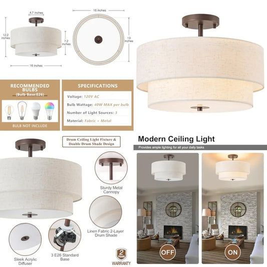 16" Semi Flush Mount Ceiling Light, 3-Light Drum Ceiling Light Fixture, Oil Rubbed with Double Linen Fabric Shade, Modern Light