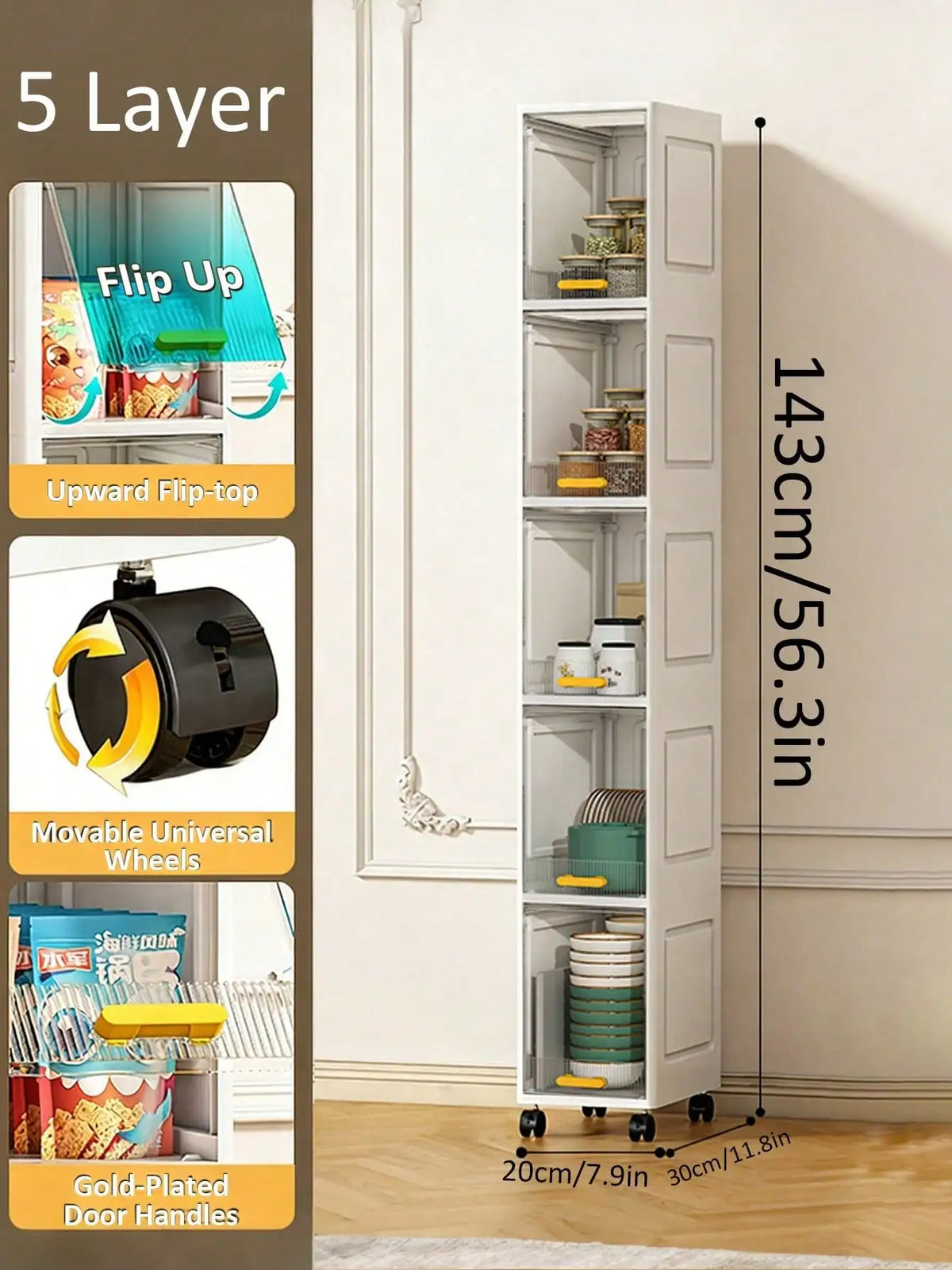 Ultra-Thin Slim Bathroom Storage Cabinet on Wheels, 3/4/5 Tier Narrow Floor Cabinet with Lockable Casters & Adjustable Shelf, Space Saving Organizer for Small Spaces Bathroom Kitchen White
