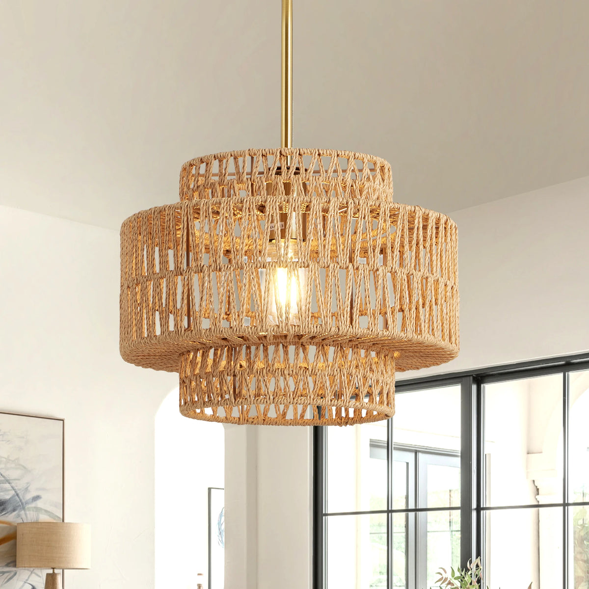 ARLGSITE 13'' Pendant 1 Light Boho Rattan Hand Woven Chandelier for Living Room Fixture