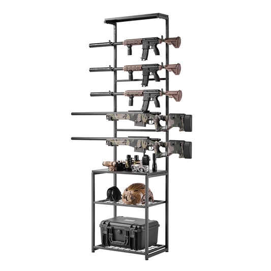 SucceBuy Gun Rack Floor Standing Indoor Rifle Shotgun Rack Stand with Storage Shelf for Wall Mount Gun Display Stand for Garage