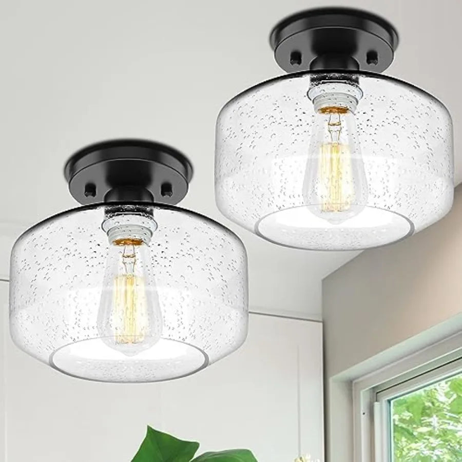 2-Pack Industrial Semi Flush Mount Ceiling Light, Black Light Fixture Ceiling Mount with Shade, Farmhouse Hallway Light Fixture