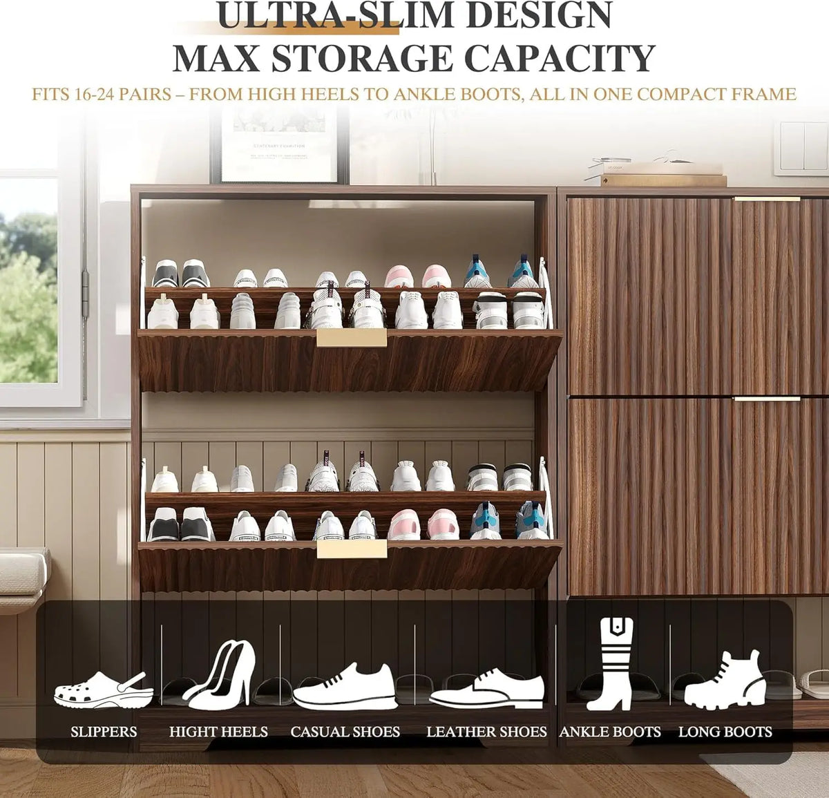 Shoe Storage Cabinet with 2 Flip Drawers,Slim Fluted Shoe Rack Cabinet with Open Storage,Wooden Hidden Shoe Rack Freestanding Narrow Shoes Organizer for Hallway, Entrance,Foyer