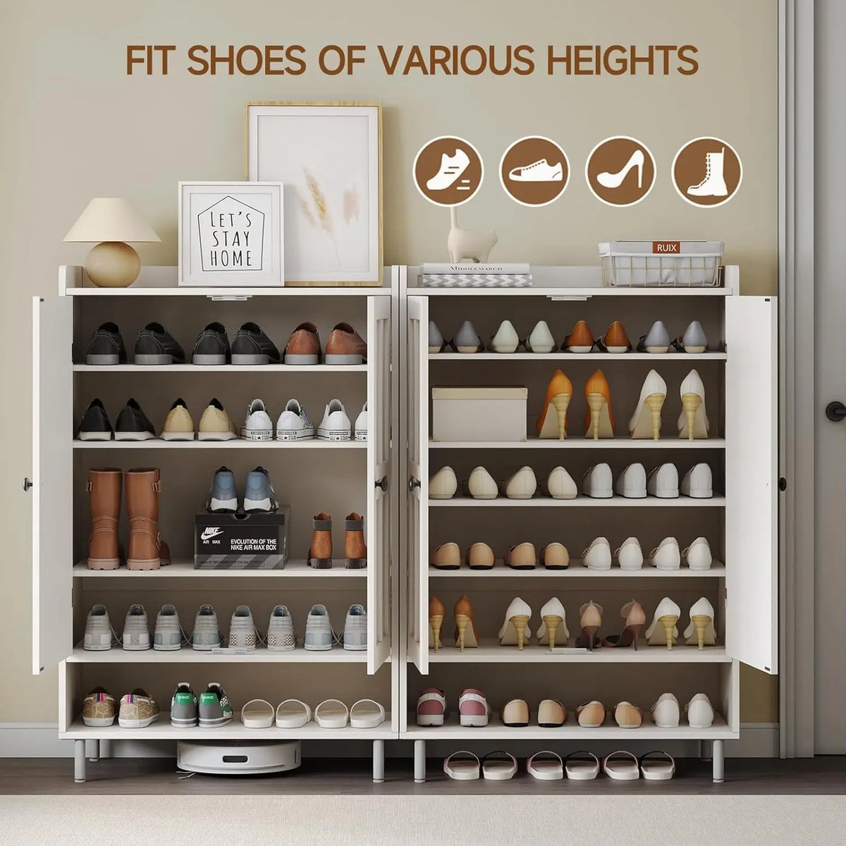 6 Tier Shoe Storage Cabinet, 45 Inch Tall Shoe Rack Organizer with Cross Molding Doors & 3 Adjustable Shelves, Sturdy Metal Legs, Entryway Shoe Cabinet