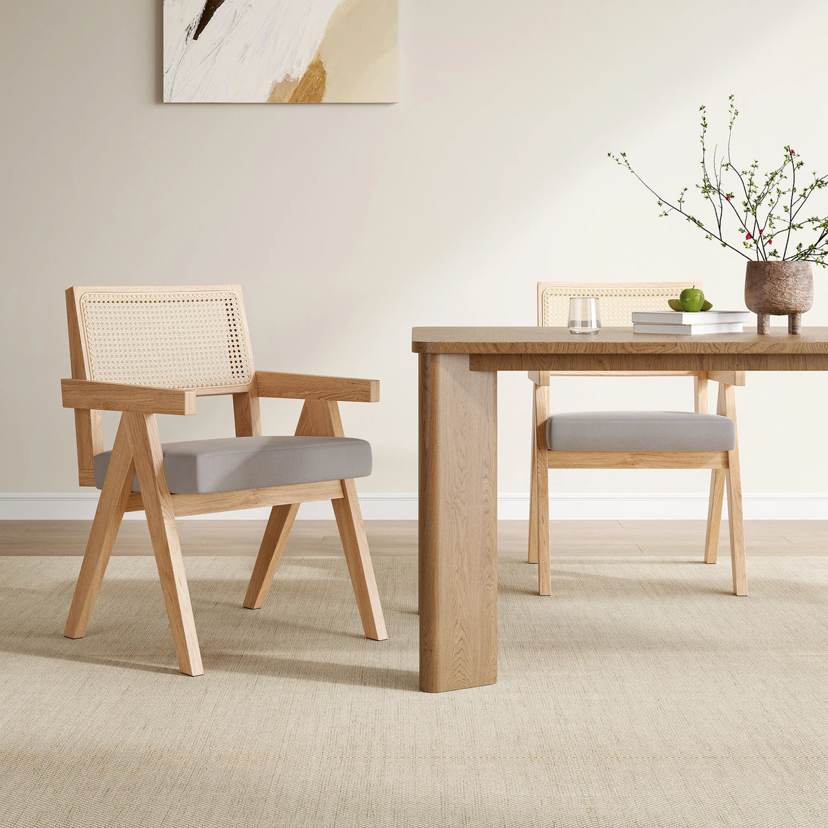 Set of 2 Mid-Century Rattan Dining Chair, Solid Ash Wood Frame, Woven Rattan Back, High-Resilience Foam, Non-Slip Pads