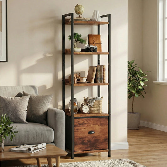 MCQ 5 Tiers Metal Classic Bookshelf with Fabric Drawer Freestanding Tall Display Shelf Storage Shelves Bookshelf Sturdy Structure Graduated Shelves for Home
