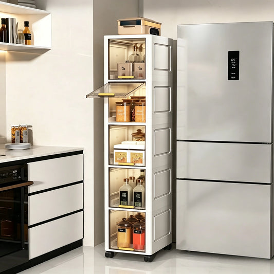 Ultra-Thin Slim Bathroom Storage Cabinet on Wheels, 3/4/5 Tier Narrow Floor Cabinet with Lockable Casters & Adjustable Shelf, Space Saving Organizer for Small Spaces Bathroom Kitchen White