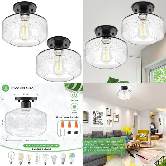 2-Pack Industrial Semi Flush Mount Ceiling Light, Black Light Fixture Ceiling Mount with Shade, Farmhouse Hallway Light Fixture
