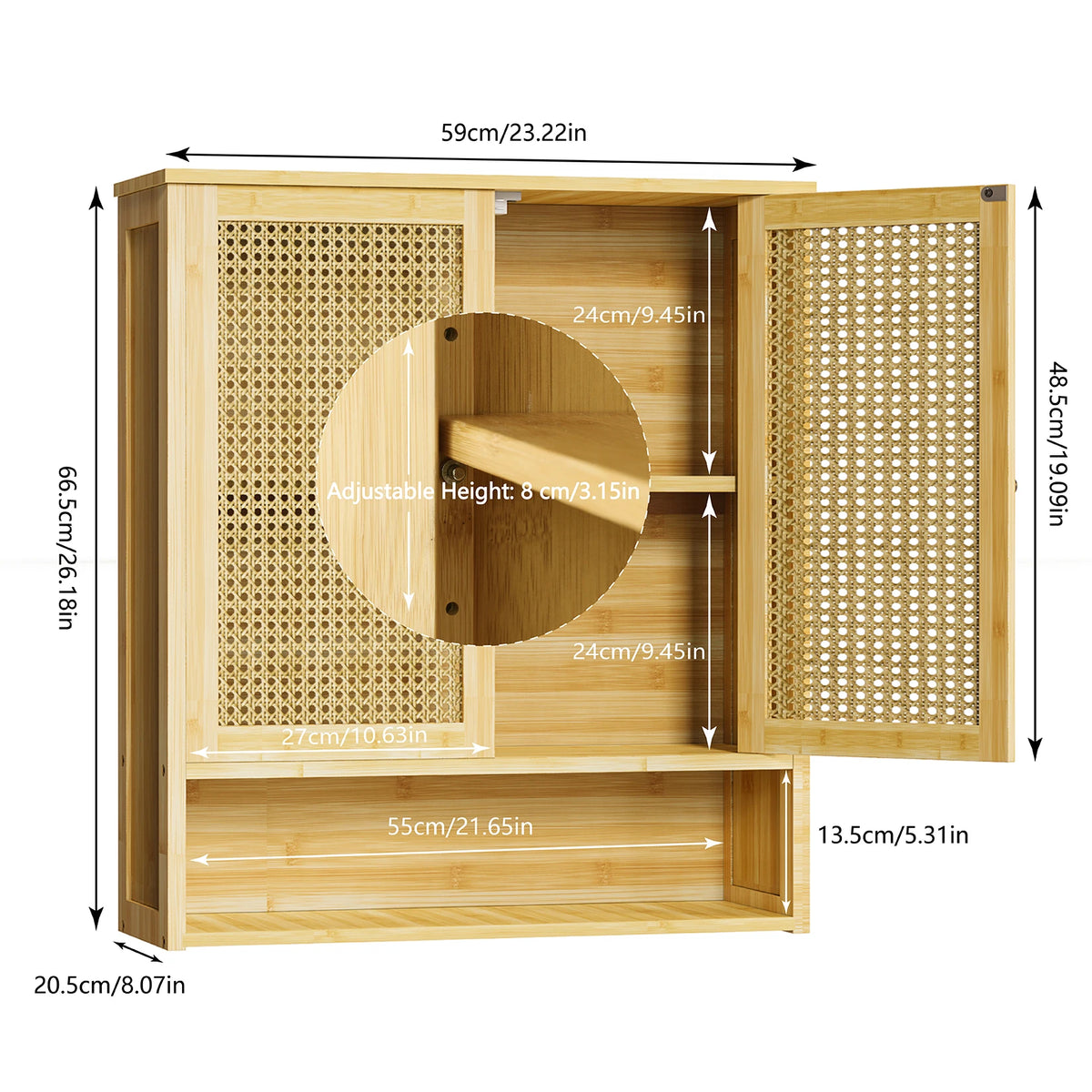Wooden Storage Cupboard Wall Mounted Medicine Cabinet Unit Kitchen Shelf with Wooden Storage Cupboard with 2 Rattan Doors