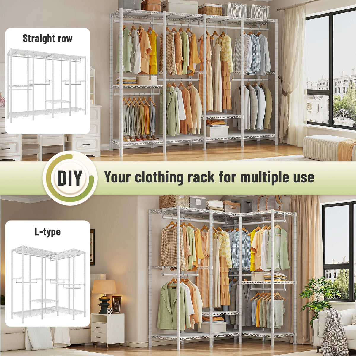 EnHomee 76.9"H Heavy Duty White Clothing Rack – 1,100 LBS Load Limit, Adjustable Metal Garment Rack for Bedroom or Closet