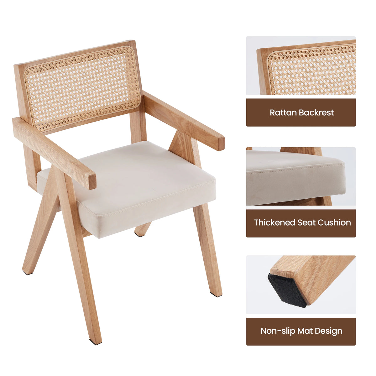 Set of 2 Mid-Century Rattan Dining Chair, Solid Ash Wood Frame, Woven Rattan Back, High-Resilience Foam, Non-Slip Pads