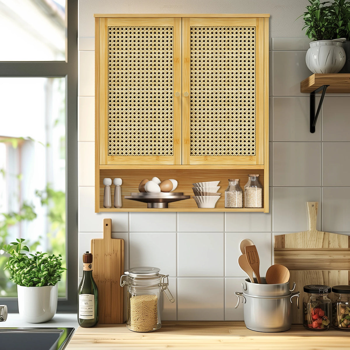 Wooden Storage Cupboard Wall Mounted Medicine Cabinet Unit Kitchen Shelf with Wooden Storage Cupboard with 2 Rattan Doors