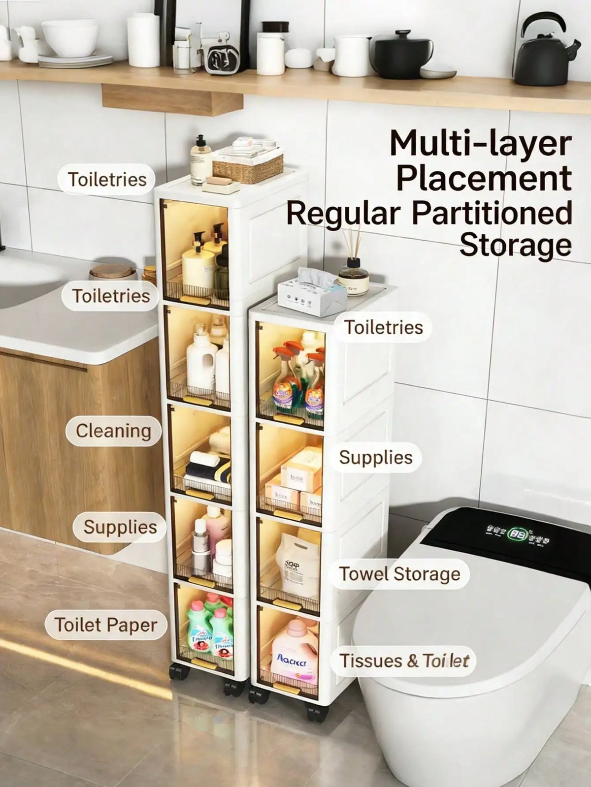 Ultra-Thin Slim Bathroom Storage Cabinet on Wheels, 3/4/5 Tier Narrow Floor Cabinet with Lockable Casters & Adjustable Shelf, Space Saving Organizer for Small Spaces Bathroom Kitchen White
