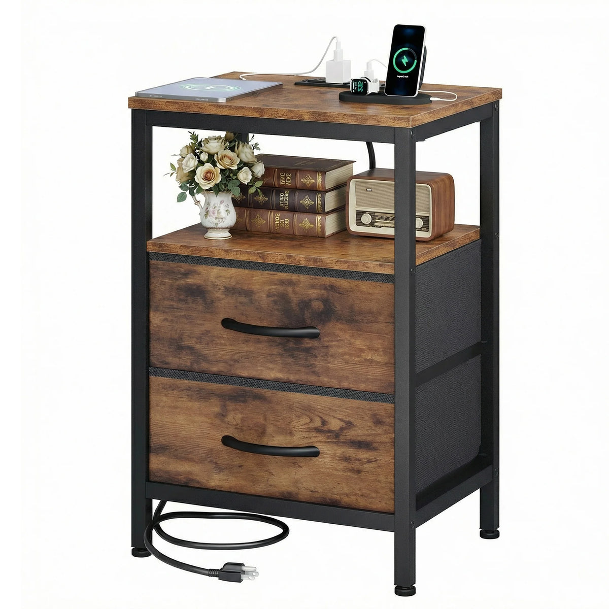 JHK 2 Fabric Drawers Night Stand with Open Shelf Bedside Table with USB Ports Charging Station Storage End Table for Living Room