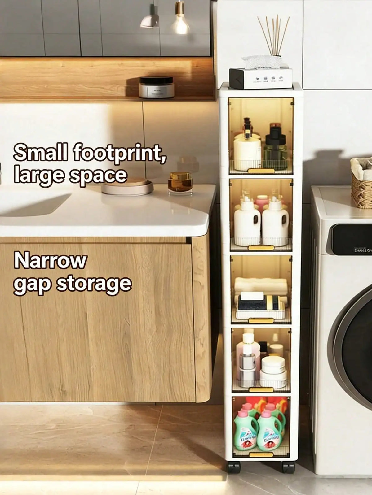 Ultra-Thin Slim Bathroom Storage Cabinet on Wheels, 3/4/5 Tier Narrow Floor Cabinet with Lockable Casters & Adjustable Shelf, Space Saving Organizer for Small Spaces Bathroom Kitchen White