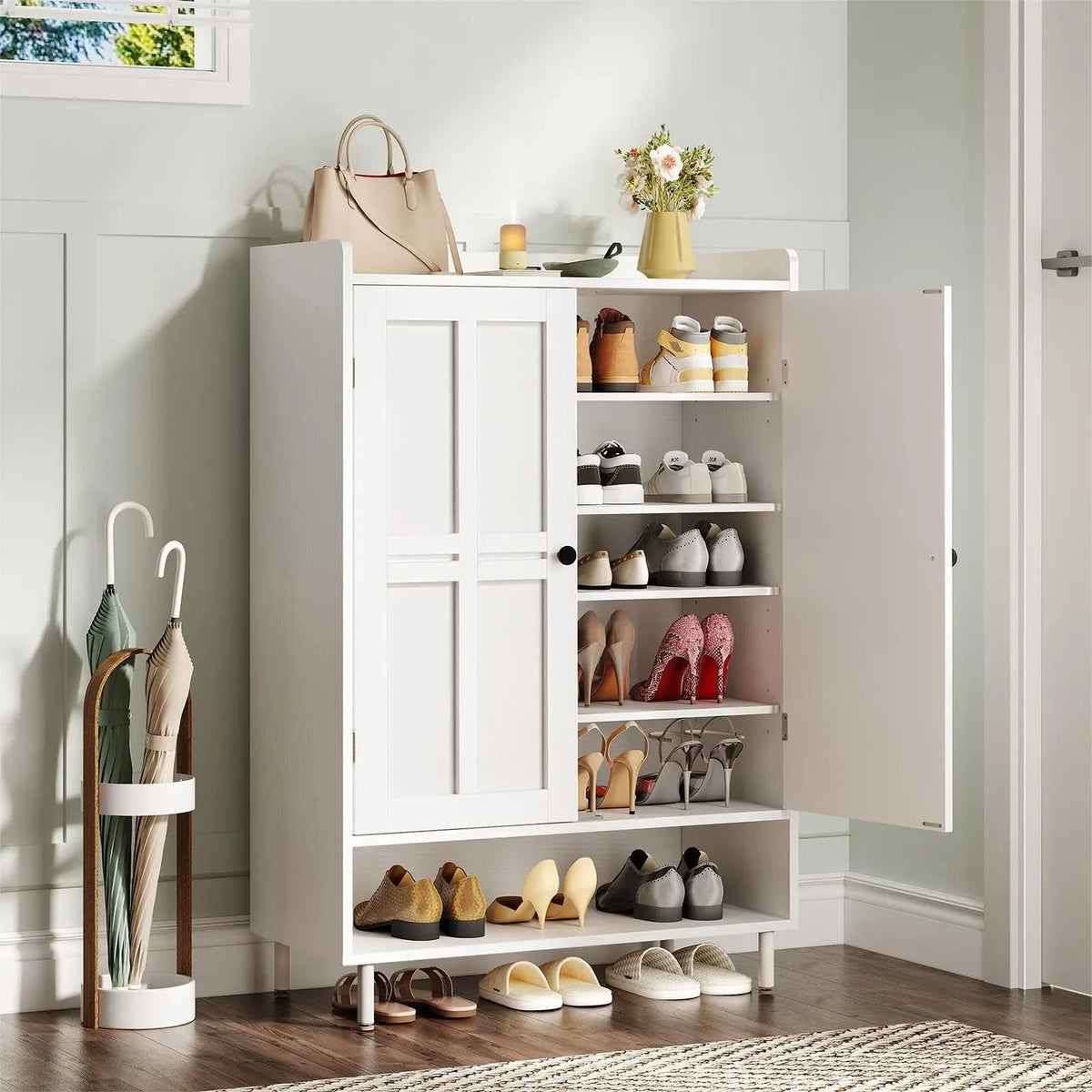 6 Tier Shoe Storage Cabinet, 45 Inch Tall Shoe Rack Organizer with Cross Molding Doors & 3 Adjustable Shelves, Sturdy Metal Legs, Entryway Shoe Cabinet