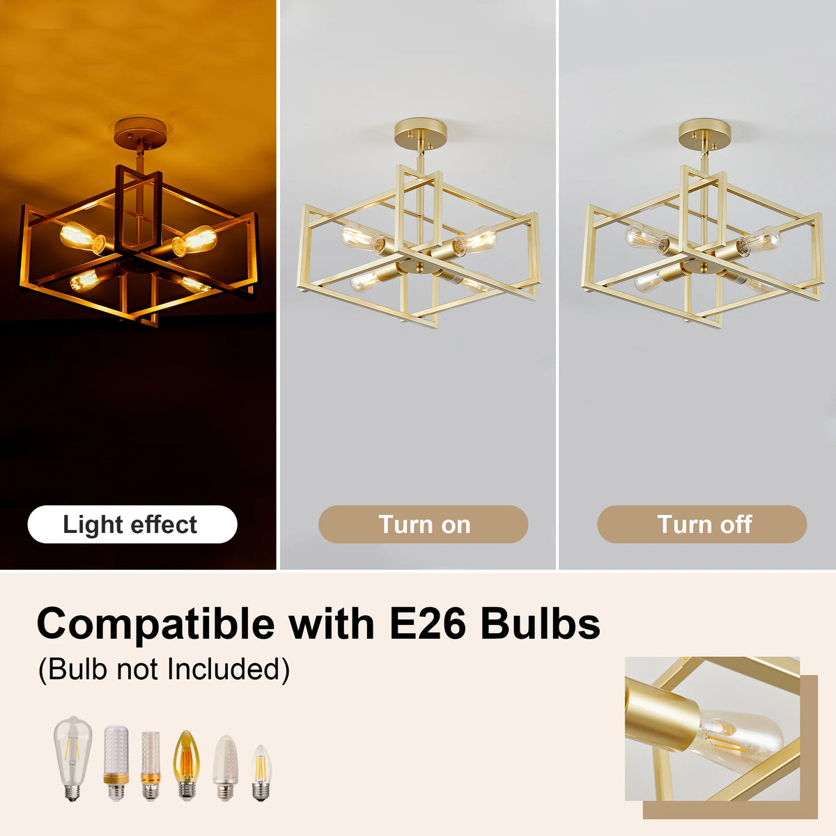 ARLGSITE 18.9‑Inch 4‑Light Sand Gold Ceiling Light, Industrial Geometric Square Ceiling Lamp for Bedroom, Hallway
